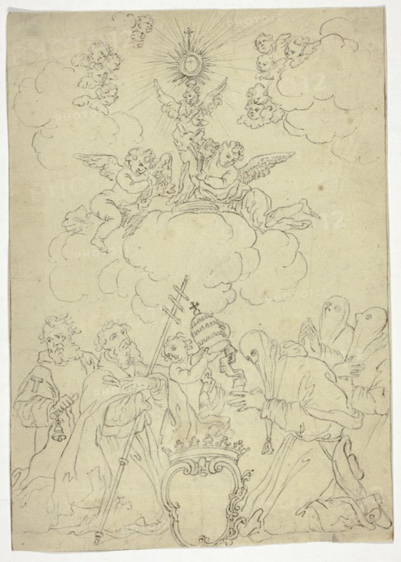 Untitled, n.d. Kneeling figures, putti with papal tiara.