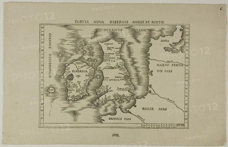Tabuia Nova Hibernie Anglie et Scotie, 1513, reprinted 1889. Map of Scotland, England, [Wales] and Ireland.
