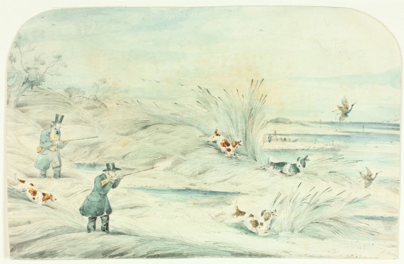 Hunt Crossing Stream Shooting Ducks, c. 1888. Attributed to Henry Alken.