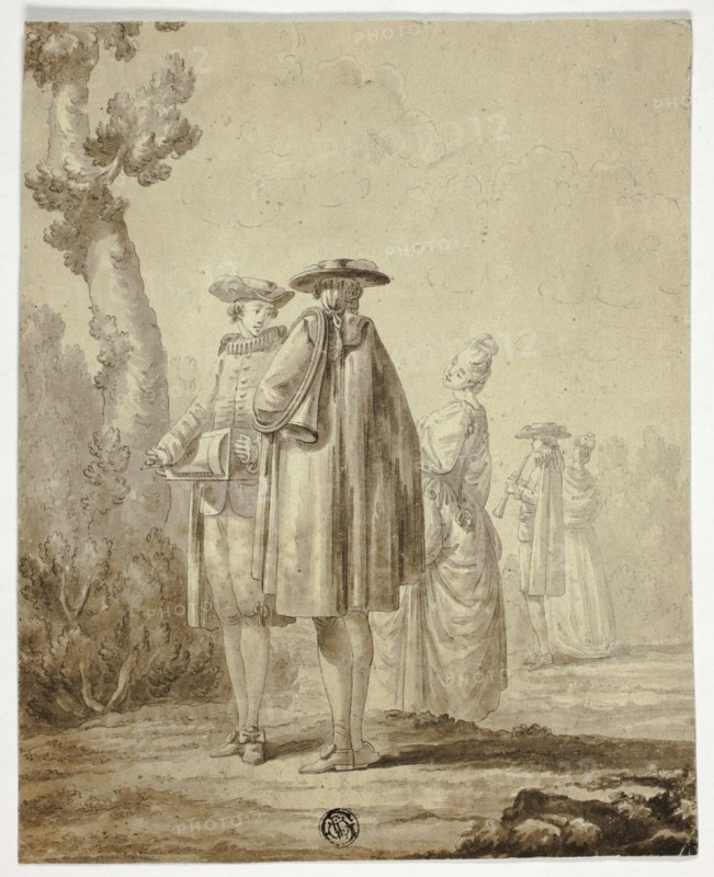 Three Musicians and Two Ladies in Outdoor Setting, n.d.