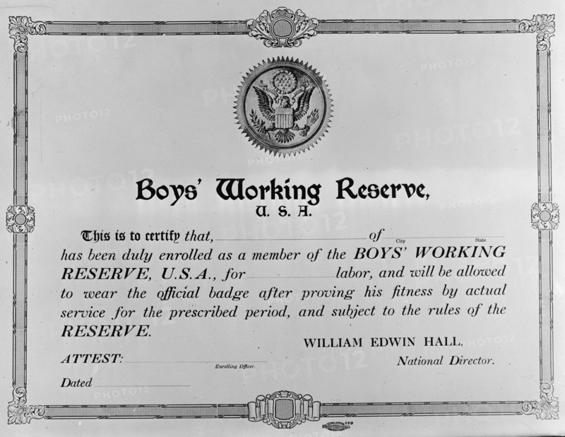Boys Working Reserve, U.S.A. Certificate, 1917. Creator: Harris & Ewing.