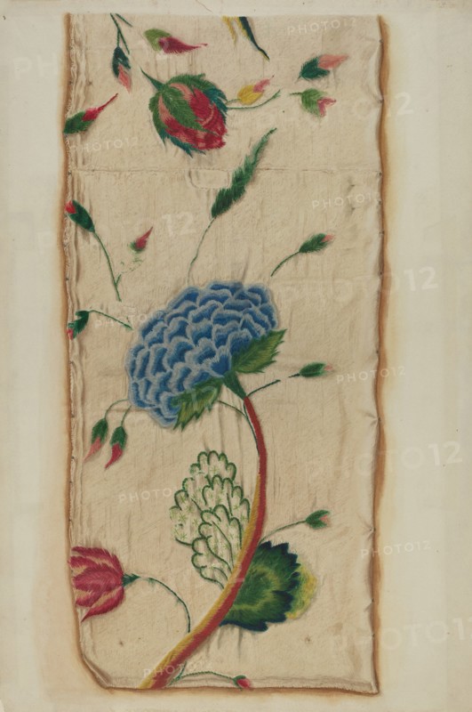 Crewel Embroidered Bed Curtain, c. 1937.