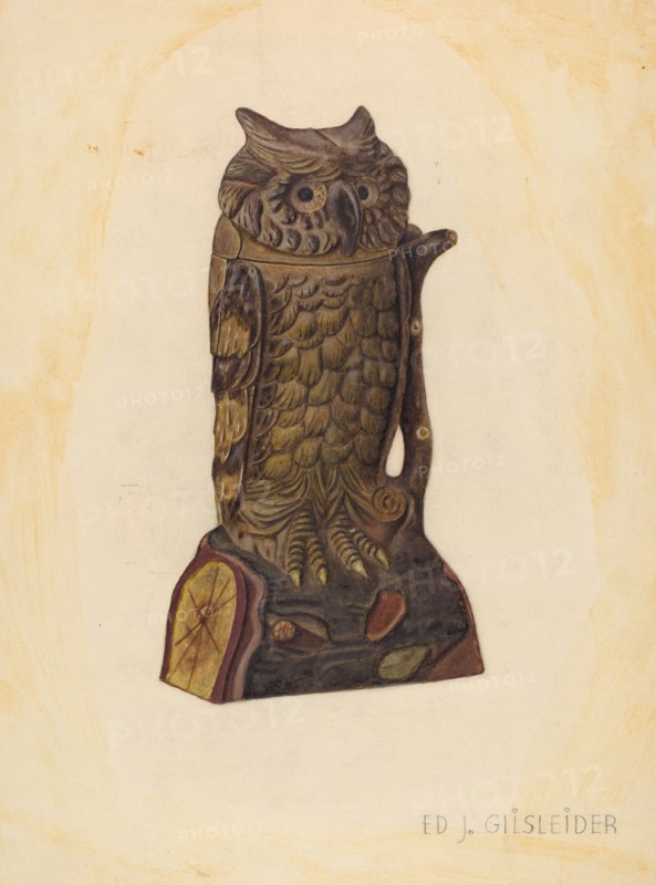 Mechanical Penny Bank: Owl, c. 1939.