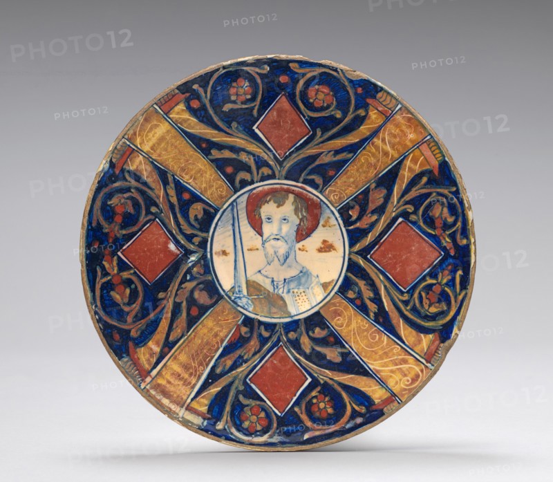 Small flat plate with border of cornucopias, scrollwork, and lozenges..., probably c.1515/1525. Creator: Giorgio Andreoli workshop.