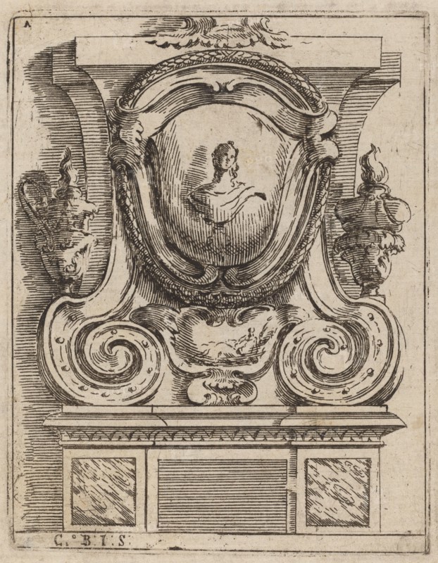 Architectural Motif with Bust and Two Lamps, c. 1690.