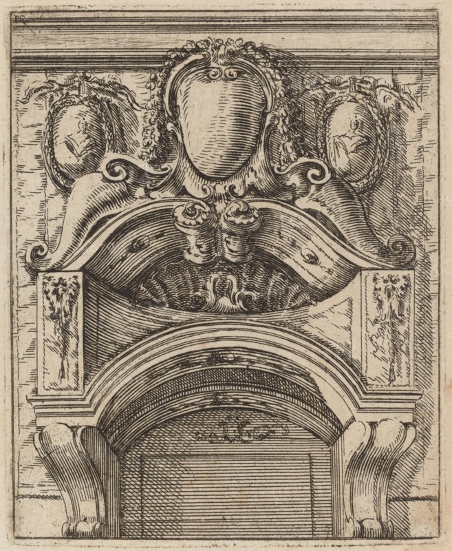 Architectural Motif with Three Shields, Two with Figures, c. 1690.