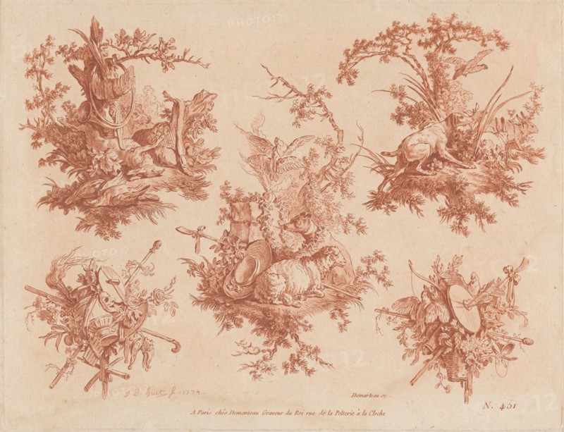 Five Trophies with Themes of Hunting, Love, and Folly, 1774.
