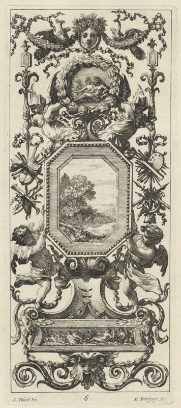 Ornamental Panel Surmounted by the Crowned Head of a Woman and Two Peacocks, 1647.