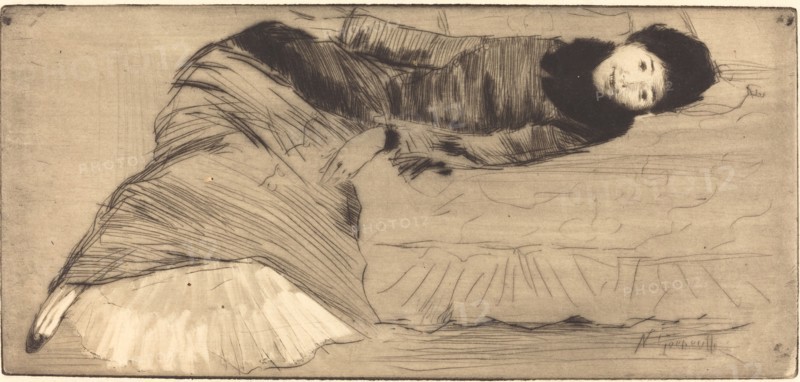 Smiling Woman Reclining on a Sofa (Femme souriant etendue sur un canape).