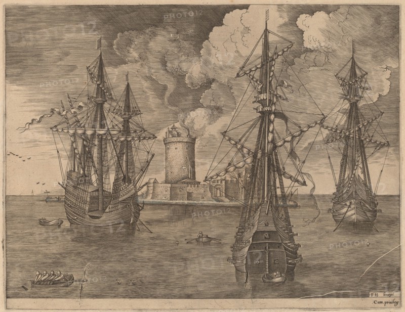 Four-Master (Left) and Two Three-Masters Anchored Near a Fortified Island with a Lighthouse, 1565.