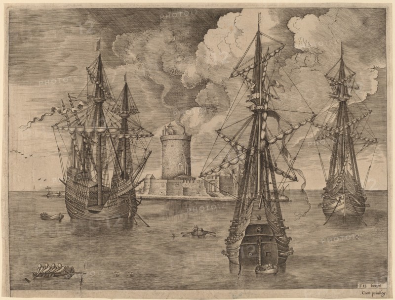 Four-Master (Left) and Two Three-Masters Anchored near a Fortified Island with a Lighthouse, 1565.