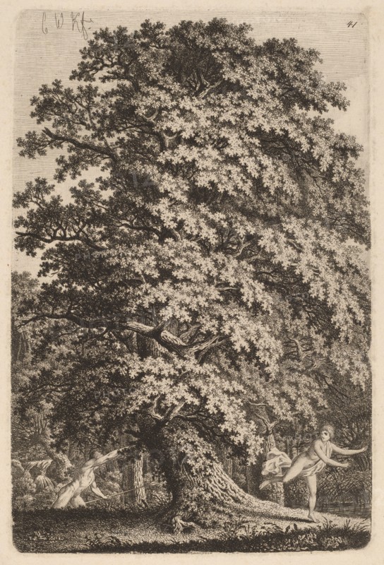 A Large Oak Tree in Gehölz. A Young Man with a Spear Follows a Young Girl., c.1800.