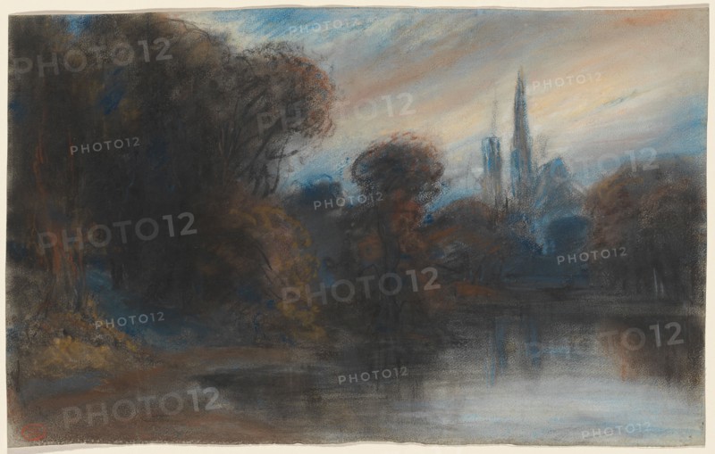 An Abbey by a Wooded Lake at Twilight, c. 1831.