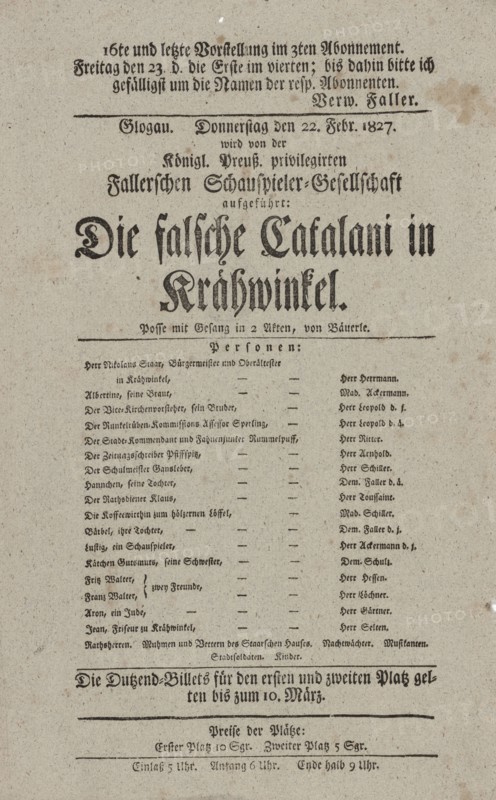 Theater playbill for "Die falsche Catalani in Krähwinkel," presented by the Königlich..., c1827. Creator: Adolf Bauerle.