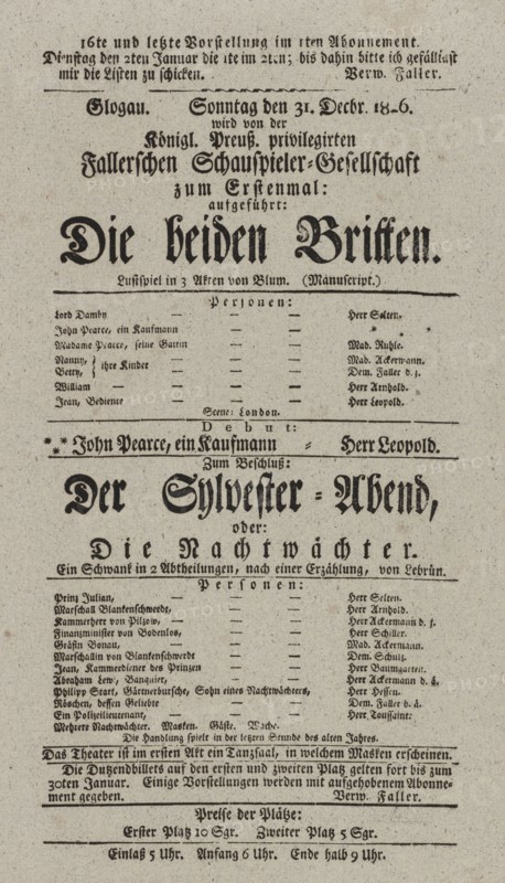 Theater playbill for "Die beiden Britten" and "Der Sylvester-Abend, oder Die Nachtwächter..., 1826. Creators: Carl Blum, Merville.