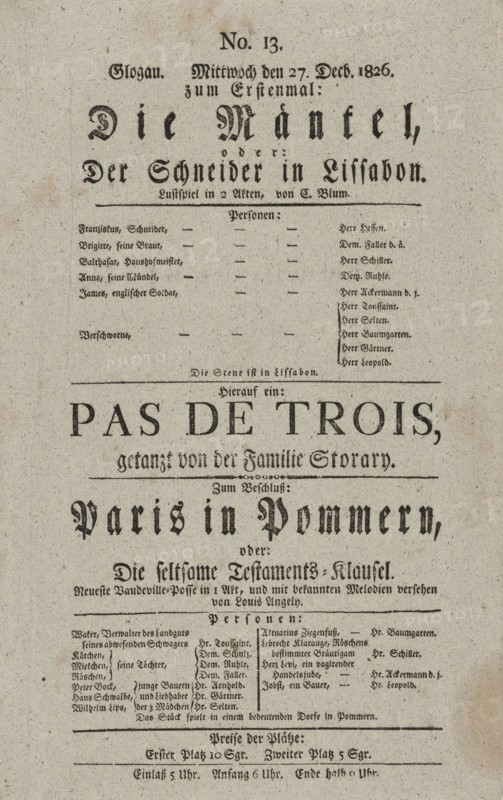 Theater playbill for "Die Mäntel, oder Der Schneider in Lissabon" and "Paris in Pommern..., c1826. Creators: Carl Blum, Eugène Scribe.