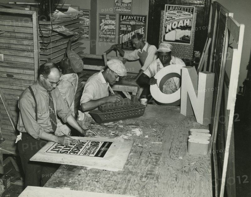 Federal Theatre Project, Negro Theatre, Sign Painting department, headed by Tipp Beavers..., 1936. Creator: Federal Theatre Project.