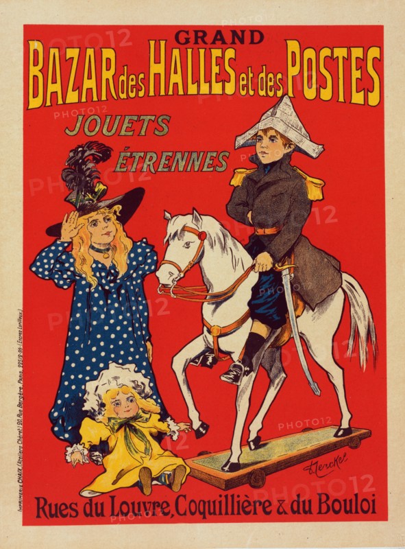 Affiche pour le "Bazar des Halles et Postes"., c1900. [Publisher: Imprimerie Chaix; Place: Paris]