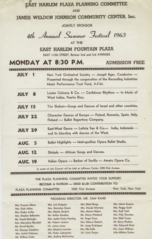 Poster for the 4th Annual Summer Festival at the East Harlem Fountain Plaza, c1963.