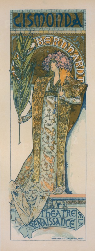Affiche pour le Théâtre de la Renaissance, "Gismonda"., c1896. [Publisher: Imprimerie Chaix; Place: Paris]