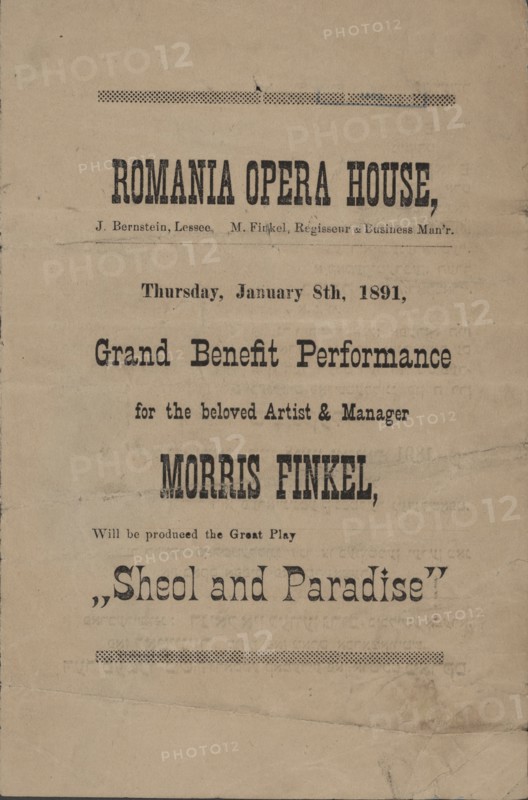 Grand benefit performance for the beloved artist & manager, Morris Finkel..., c1891. Creator: Romania Opera House.