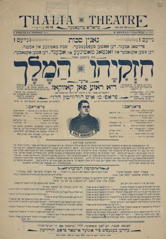 Hezekiyohu ha-meylekh, oder, di roze fon kavkaz: historishe oper in 4 akten, c1898. Creator: Thalia Theatre.