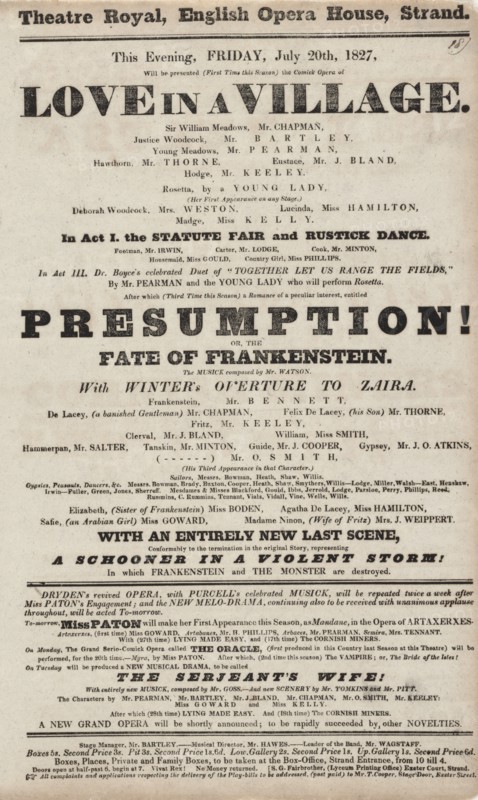 This evening, Friday, July 20th, 1827, will be presented (first time this season)..., c1827. Creator: Theatre Royal.