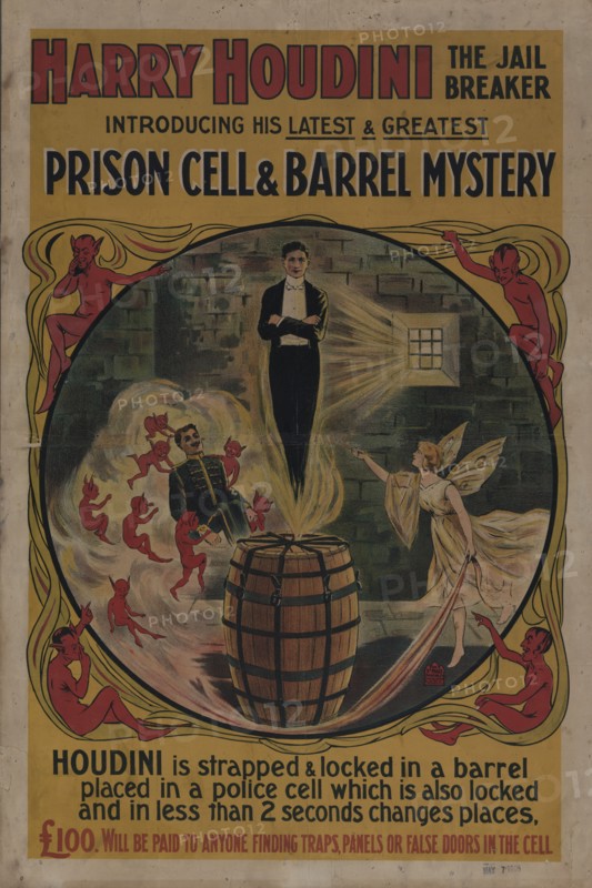 Harry Houdini, the jail breaker: prison cell and barrel mystery, c1906-05. Creator: Unknown.