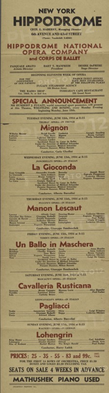 Hippodrome National Opera Company and Corps de Ballet, c1934-06-12 - 1934-06-17. [Place: New York]