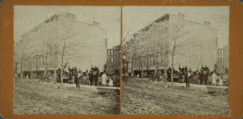 These 4 houses were moved 175 feet, without any injury to them whatever, c1850-1930.