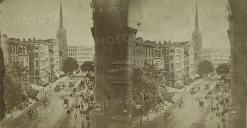 New York City street scene, from above., c1850-1930.