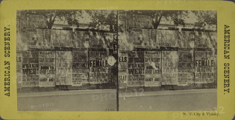 N.Y. City and vicinity. [Posters advertising theaters, businesses on unidentified wall],  1866?. Creator: Unknown.