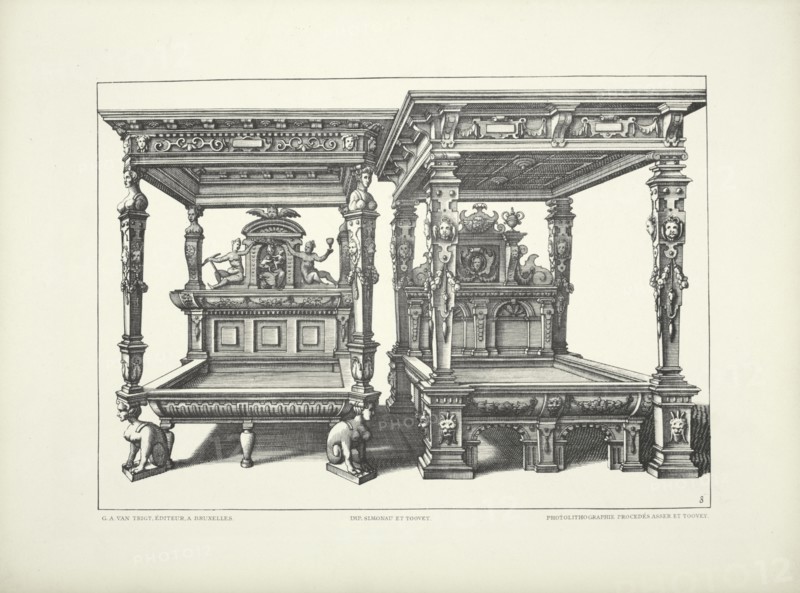 Two designs for four-poster beds with carved figures and faces on headboards, one with..., c1869. Creator: Unknown.