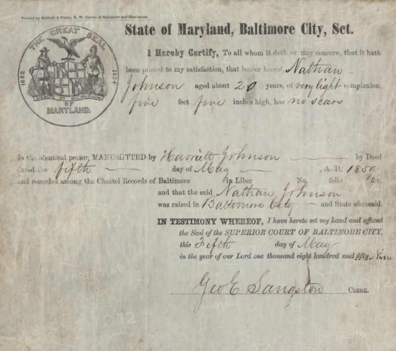 Nathan Johnson Manumitted by Harriett Johnson, 1859.