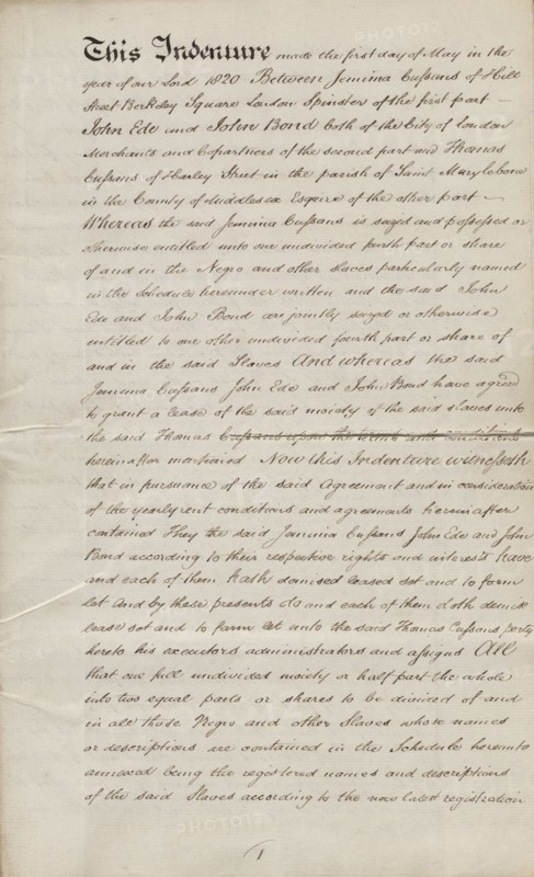 Indenture of Jemima, Amity Hall Estate, 1820.