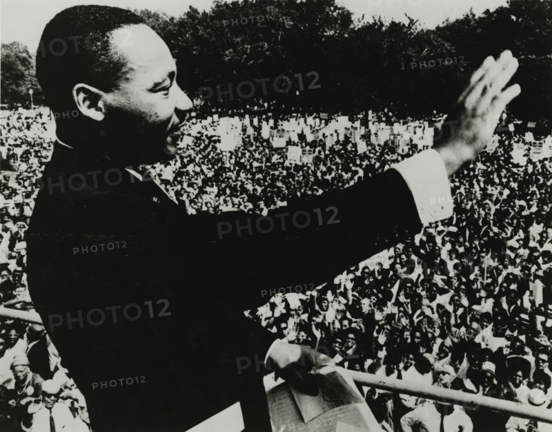 Dr. Martin Luther King, Jr. waving to the crowd from the steps of the Lincoln Memorial..., 1963. Creator: Unknown.
