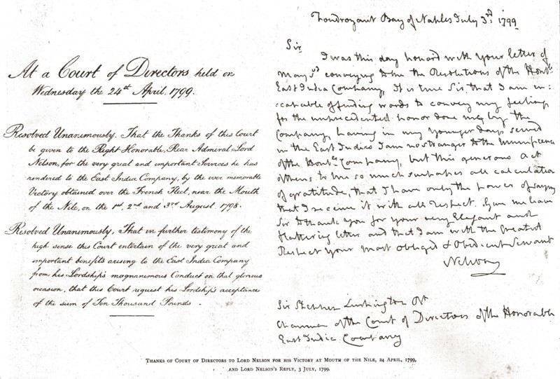 'Thanks of Court of Directors to Lord Nelson for his Victory at Mouth of the Nile, 1799, 1890 Creator: Unknown.