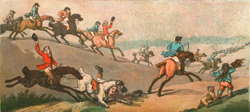 ''Old Fashioned Sporting Pictures, and the Road to Bygone Days; The Humours of Fox Hunting. 1788 --R Creator: Unknown.