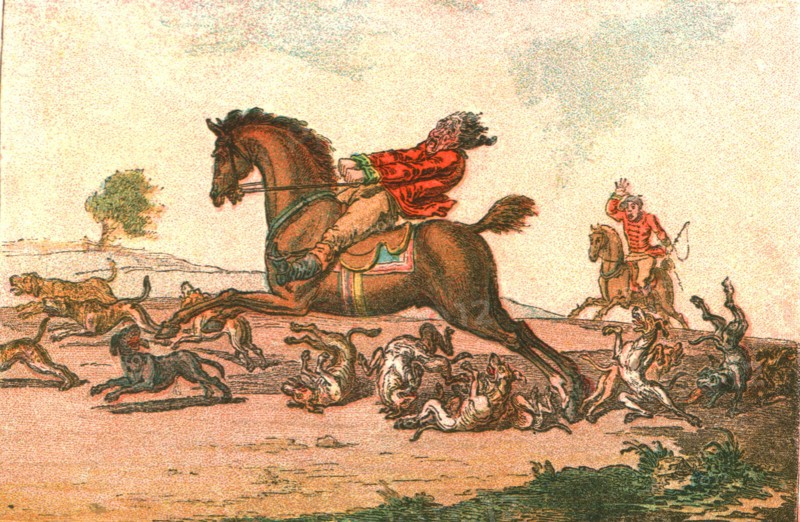 ''Old Fashioned Sporting Pictures, and the Road to Bygone Days; Hunting Mishaps-- Hounds in Full Cry Creator: Unknown.