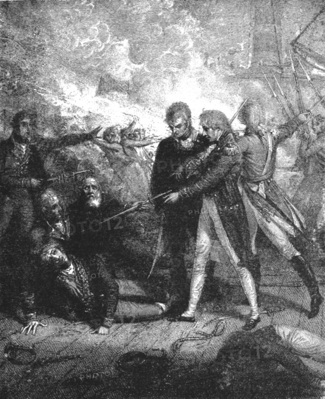 ''The Victory off Cape St. Vincent, February 14, 1797, Nelson Carrying the "San Josef"..., 1891. Creator: Richard Westall.