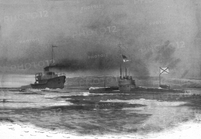 'Un bateau brise-glaces ouvre un chenal devant un sous-marin russe a son retour de croisiere', c1915 Creator: Unknown.