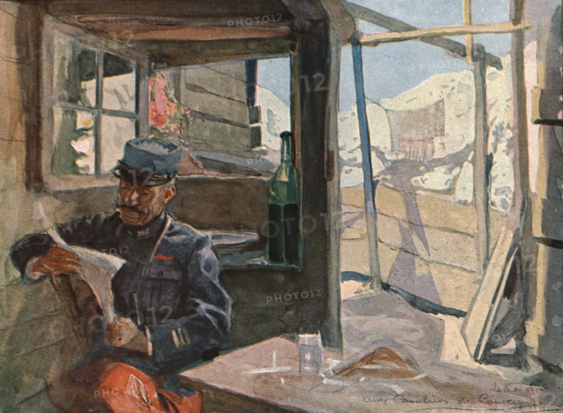 'Dans les tranchees; Le gourbi d'un capitaine d'infanterie aux "cavaliers de Courcy..., 1915. Creator: Charles Hoffbauer.