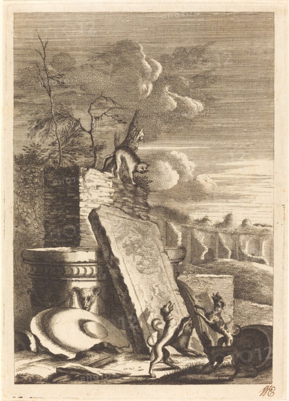 Dogs Pursuing a Cat, c. 1650. Creator: Bernhard Zaech.