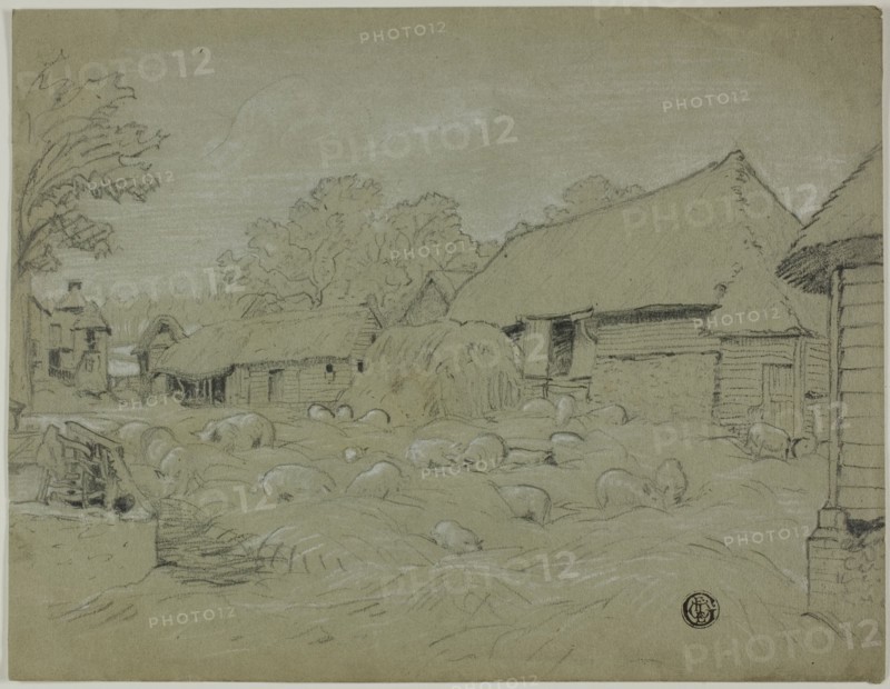 Farmyard with Haystack and Pigs, n.d. Creator: Unknown.