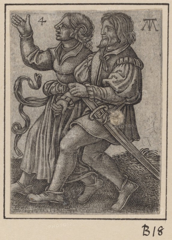 Dancing Couple, Facing Left, c. 1540. Creator: Martin Treu.