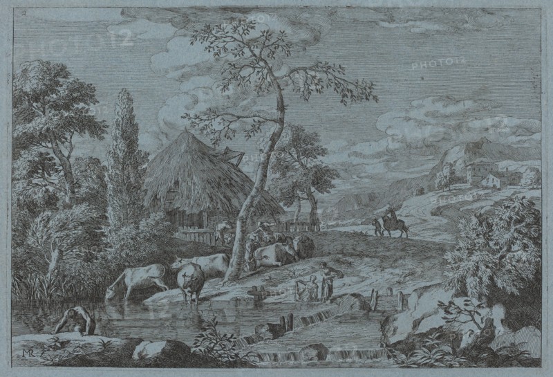 Cattle and Figures at a Farmyard Stream. Creator: Marco Ricci.