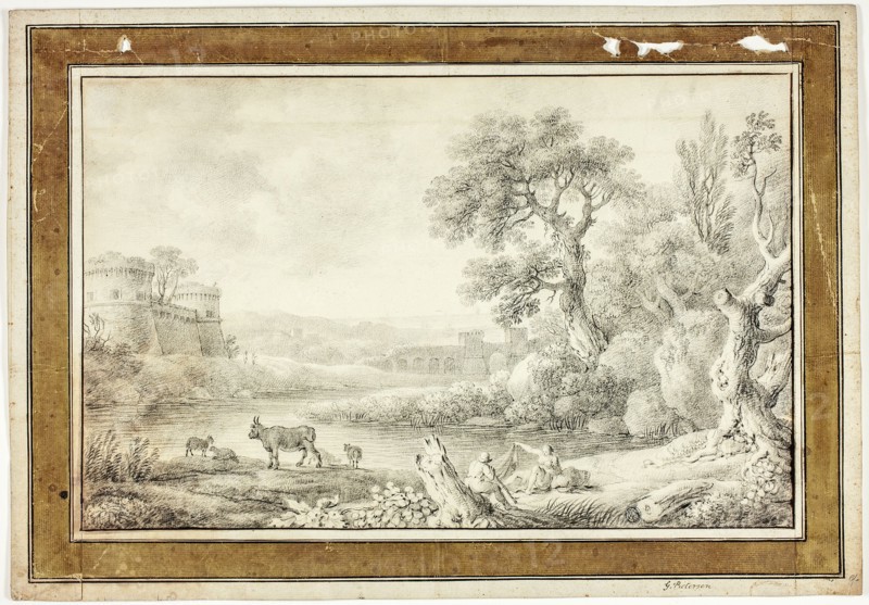 Couple, Bull and Sheep by River with Castles in Background, n.d.