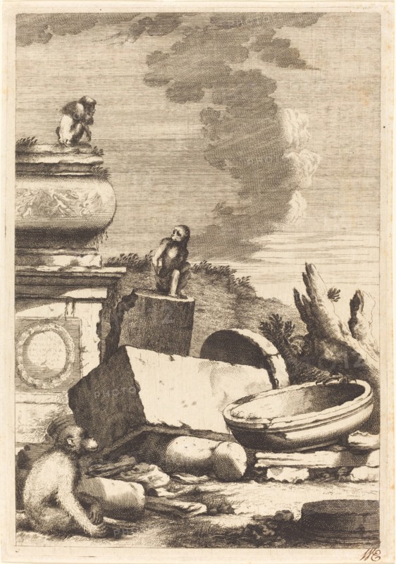 Ruins with Monkeys and an Owl, c. 1650. Creator: Bernhard Zaech.