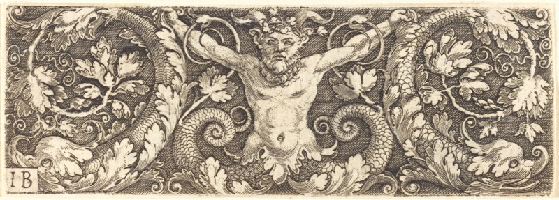Ornament with Fantastic Satyr and Dolphins. Creator: Master I. B..