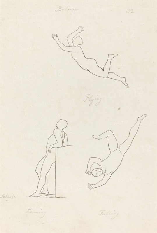 Leaning, Flying and Falling, published 1829. Creator: George Scharf.